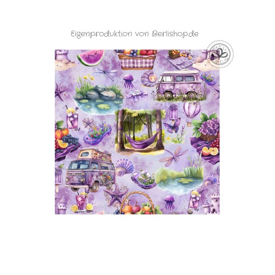 Baumwolle Canvas Stoff – Lila Sommer Picknick Vanlife See & Blumen Aquarell Stoff für Deko Taschen Kissen