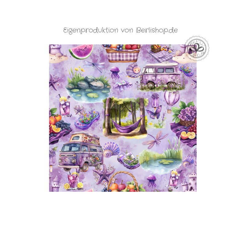Baumwolle Canvas Sommer Stoff Lila 160 cm – Vanlife Picknick Blumen– 153 g/m² – Eigenproduktion