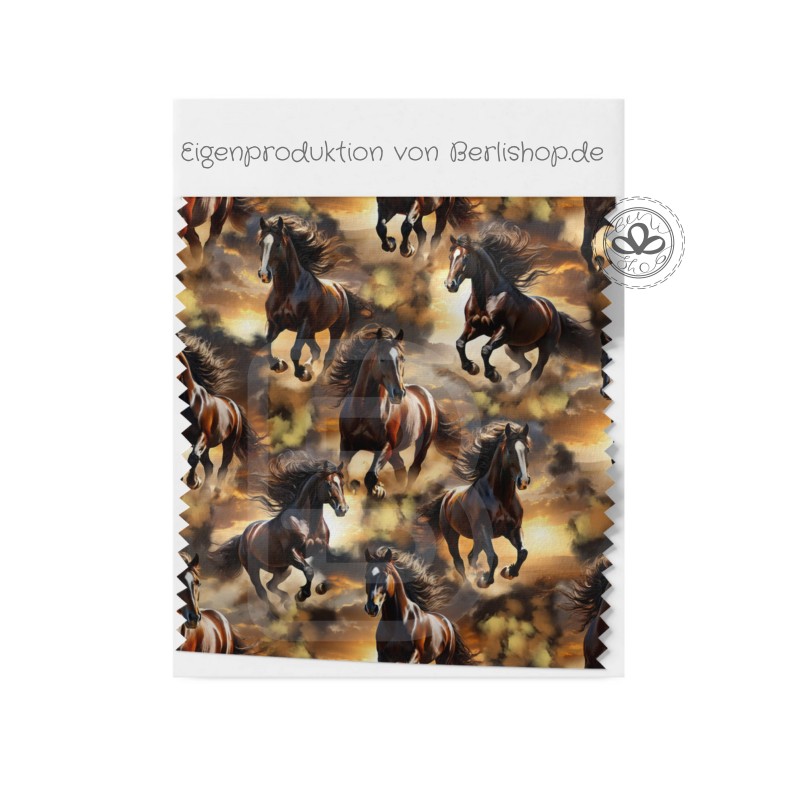 Baumwolle Canvas Galoppierende Pferde Sonnenuntergang Wildpferde Reitmotiv Stoff für Taschen Deko Meterware