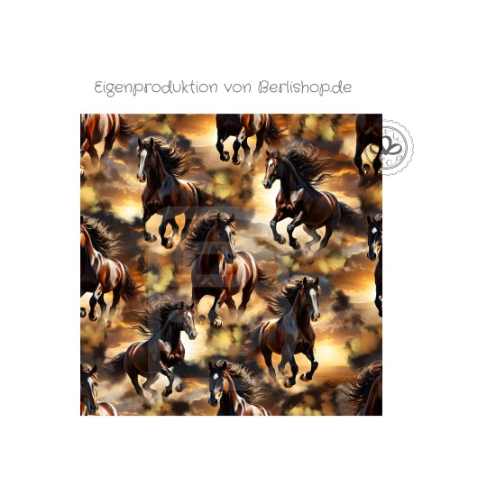 Baumwolle Canvas Galoppierende Pferde Sonnenuntergang Wildpferde Reitmotiv Stoff für Taschen Deko Meterware