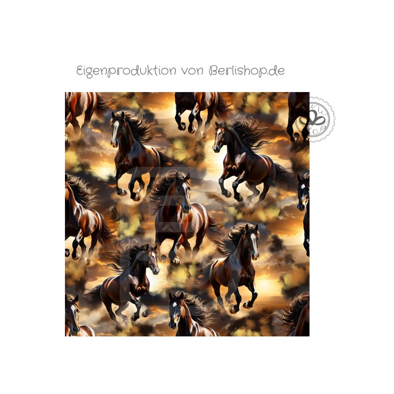 Baumwolle Canvas Galoppierende Pferde Sonnenuntergang Wildpferde Reitmotiv Stoff für Taschen Deko Meterware