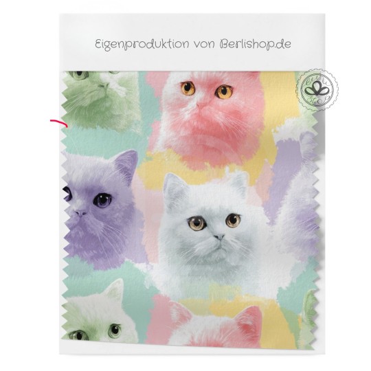 Katzen Stoff im Aquarell-Design in Pastellfarben.