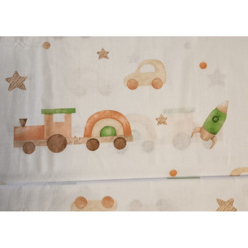 Baumwolle Webware Baby Stoff – Zug Auto Rakete Sterne Aquarell Kinderstoff Beige Deko Meterware Nähen DIY