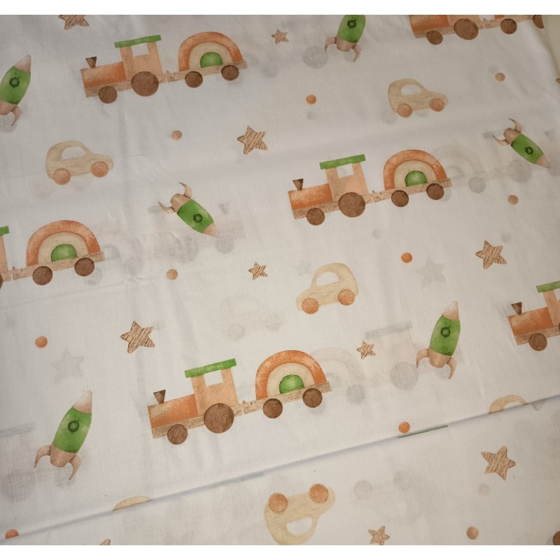 Baumwolle Webware Baby Stoff – Zug Auto Rakete Sterne Aquarell Kinderstoff Beige Deko Meterware Nähen DIY