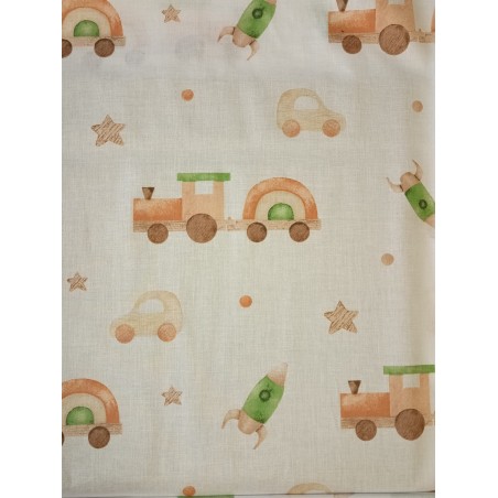 Baumwolle Webware Baby Stoff – Zug Auto Rakete Sterne Aquarell Kinderstoff Beige Deko Meterware Nähen DIY