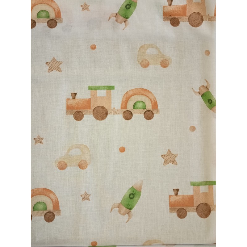 Baumwolle Webware Baby Stoff – Zug Auto Rakete Sterne Aquarell Kinderstoff Beige Deko Meterware Nähen DIY