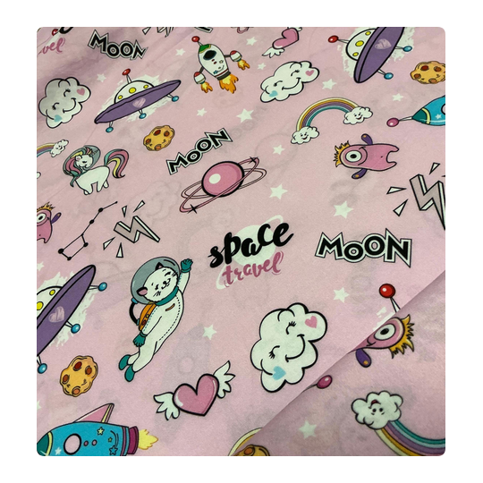 Baumwolle Webware Katzenstoff Meterware 160 cm – Space Regenbogen Comic – 130 g/m² – Kinder & Dekostoff