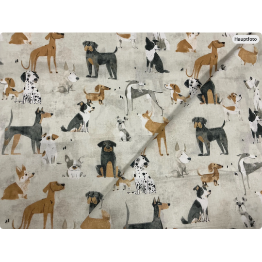 Baumwolle Webware Hunde Stoff – Hunderassen Muster Beige Aquarell Hundeliebe Kinderstoff Deko Taschen Meterware Nähen DIY