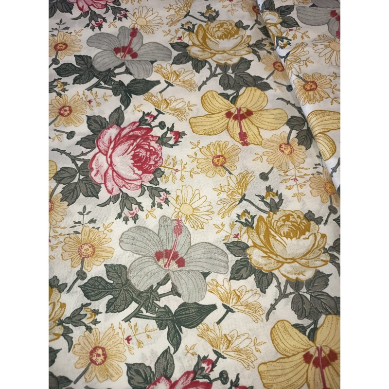 Baumwolle Webware Blumen Stoff – Vintage Floral Rosen Gelb Landhaus Deko Kissen Taschen Meterware Nähen DIY