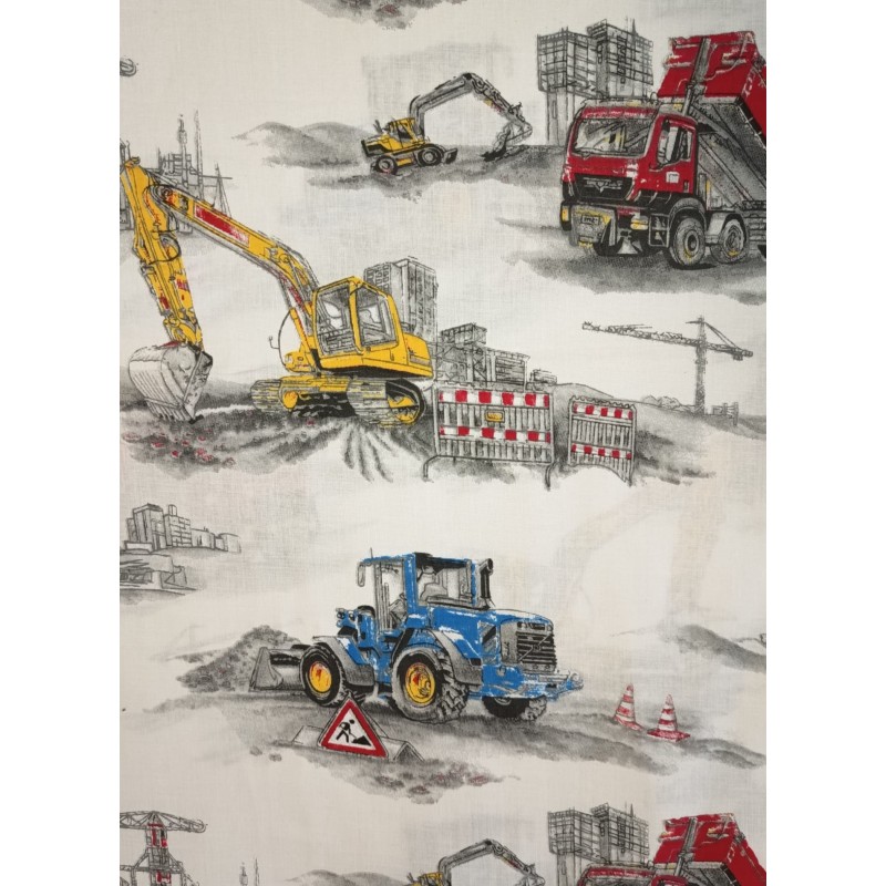 Baumwolle Webware Baustoff Meterware  160 cm –  Bagger LKW Traktor Fahrzeuge Baustelle Grau Weiß   – 130 g/m² –Deko & Kleidun