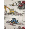 Baumwolle Webware Baustoff Meterware  160 cm –  Bagger LKW Traktor Fahrzeuge Baustelle Grau Weiß   – 130 g/m² –Deko & Kleidun