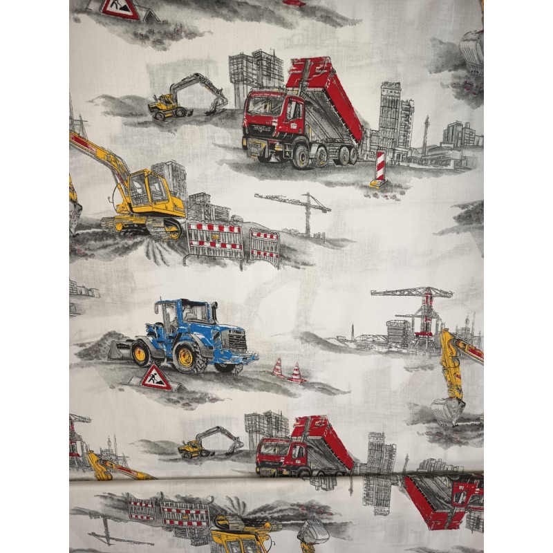 Baumwolle Webware Baustoff Meterware  160 cm –  Bagger LKW Traktor Fahrzeuge Baustelle Grau Weiß   – 130 g/m² –Deko & Kleidun