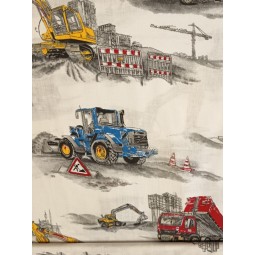 Baumwolle Webware Baustoff Meterware  160 cm –  Bagger LKW Traktor Fahrzeuge Baustelle Grau Weiß   – 130 g/m² –Deko & Kleidun