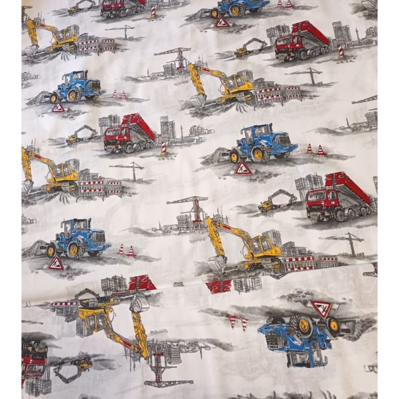 Baumwolle Webware Baustoff Meterware  160 cm –  Bagger LKW Traktor Fahrzeuge Baustelle Grau Weiß   – 130 g/m² –Deko & Kleidun