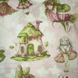 Baumwolle Webware Feen Stoff Meterware  160 cm – Fairy ,Pilze, Elfen, Blumen,Rosa, Aquarell – 130 g/m² –Deko & Kleidung