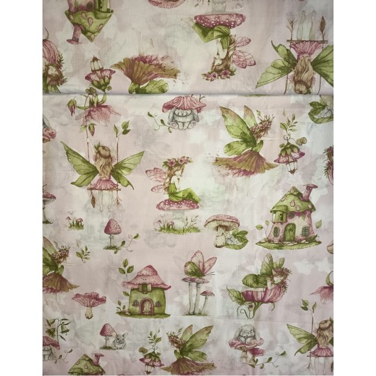 Baumwolle Webware Feen Stoff Meterware  160 cm – Fairy ,Pilze, Elfen, Blumen,Rosa, Aquarell – 130 g/m² –Deko & Kleidung