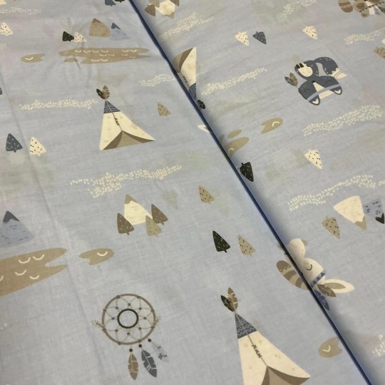 Baumwolle Webware Tipi Bär Traumfänger Stoff Meterware 160 cm – Boho Kinderzimmer Grau – 130 g/m² Deko & Kleidung