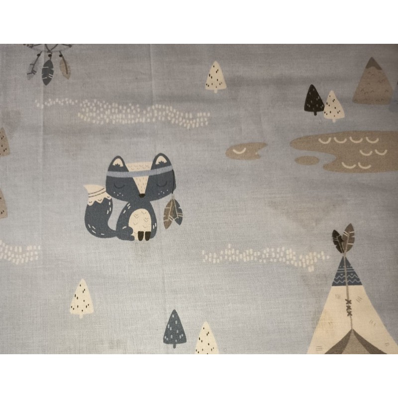 Baumwolle Webware Tipi Bär Traumfänger Stoff Meterware 160 cm – Boho Kinderzimmer Grau – 130 g/m² Deko & Kleidung