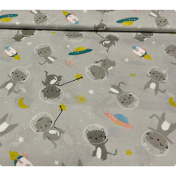 Baumwolle Webware Katzen Weltraum Stoff Meterware 160 cm – Raketen Planeten Grau Kinderstoff – 130 g/m² Deko & Kleidung