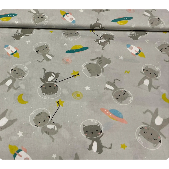 Baumwolle Webware Katzen Weltraum Stoff Meterware 160 cm – Raketen Planeten Grau Kinderstoff – 130 g/m² Deko & Kleidung
