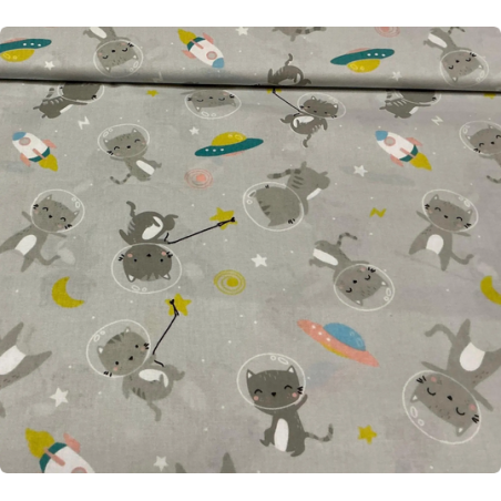 Baumwolle Webware Katzen Weltraum Stoff Meterware 160 cm – Raketen Planeten Grau Kinderstoff – 130 g/m² Deko & Kleidung