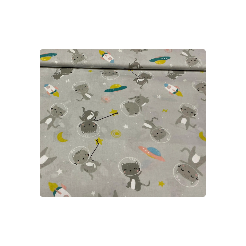 Baumwolle Webware Katzen Weltraum Stoff Meterware 160 cm – Raketen Planeten Grau Kinderstoff – 130 g/m² Deko & Kleidung