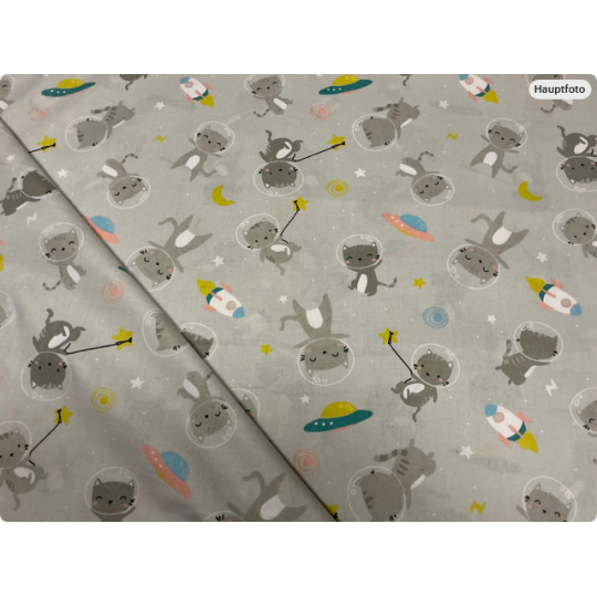 Baumwolle Webware Katzen Weltraum Stoff Meterware 160 cm – Raketen Planeten Grau Kinderstoff – 130 g/m² Deko & Kleidung