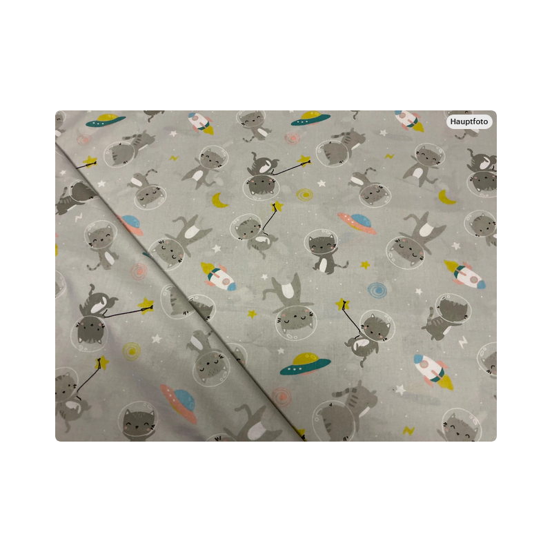 Baumwolle Webware Katzen Weltraum Stoff Meterware 160 cm – Raketen Planeten Grau Kinderstoff – 130 g/m² Deko & Kleidung