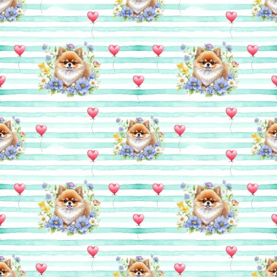 50 cm Satinbaumwolle Pomeranian Hund Herzen Mint – 130 g/m² – Meterware 160 cm - Eigenproduktion