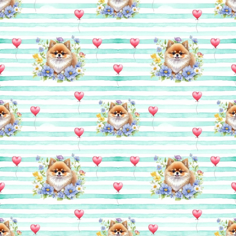 50 cm Satinbaumwolle Pomeranian Hund Herzen Mint – 130 g/m² – Meterware 160 cm - Eigenproduktion