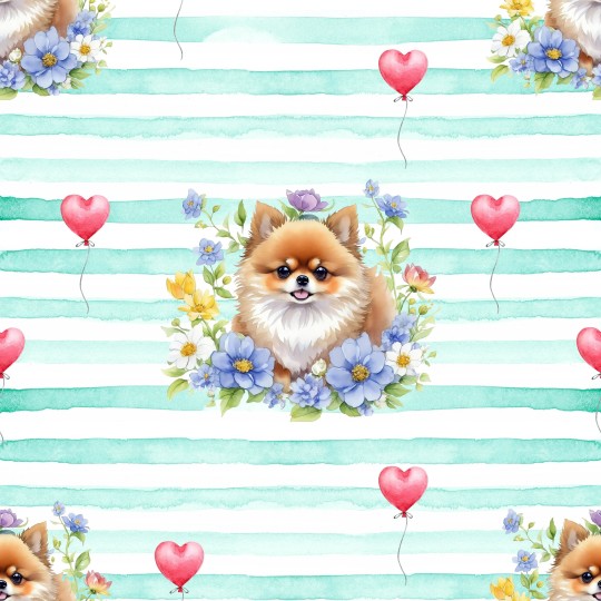 50 cm Satinbaumwolle Pomeranian Hund Herzen Mint – 130 g/m² – Meterware 160 cm - Eigenproduktion