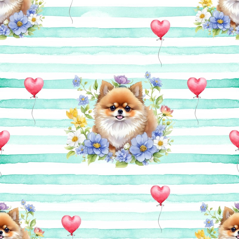 50 cm Satinbaumwolle Pomeranian Hund Herzen Mint – 130 g/m² – Meterware 160 cm - Eigenproduktion