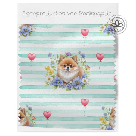 Baumwolle Satin Pomeranian Hund Herzen Stoff 160 cm – Streifen Herzmotiv – 130 g/m² – Eigenproduktion