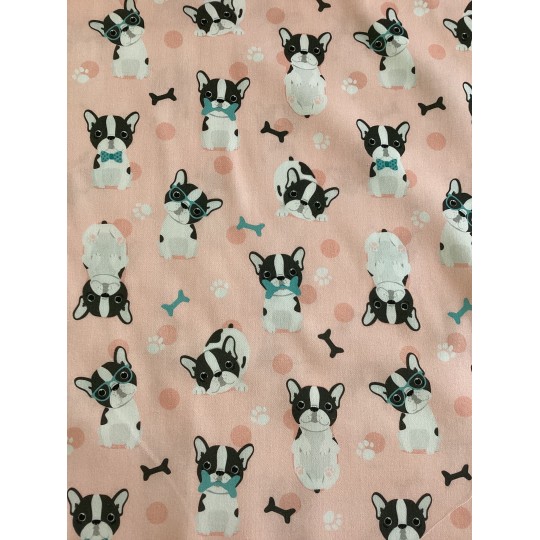 Satinbaumwolle Französische Bulldogge Stoff 160 cm – Hunde Motiv Punkte Knochen – 130 g/m² – Eigenproduktion