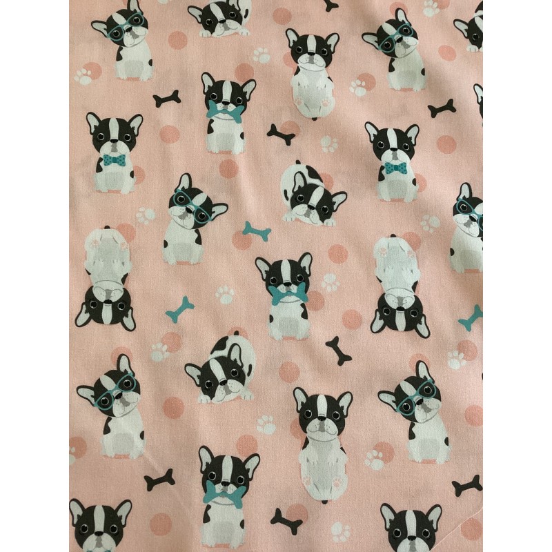 Satinbaumwolle Französische Bulldogge Stoff 160 cm – Hunde Motiv Punkte Knochen – 130 g/m² – Eigenproduktion