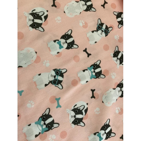 Satinbaumwolle Französische Bulldogge Stoff 160 cm – Hunde Motiv Punkte Knochen – 130 g/m² – Eigenproduktion