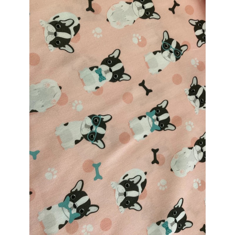 Baumwolle Satin Französische Bulldogge Stoff 160 cm – Hunde Motiv Punkte Knochen – 153 g/m² – Eigenproduktion