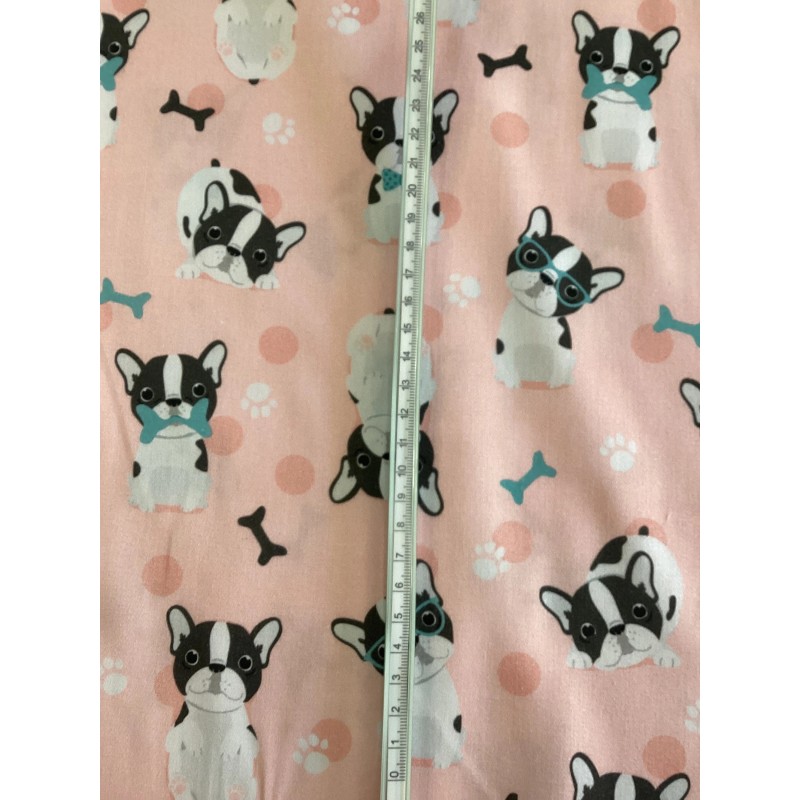 Satinbaumwolle Französische Bulldogge Stoff 160 cm – Hunde Motiv Punkte Knochen – 130 g/m² – Eigenproduktion