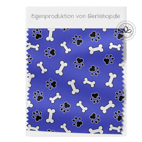 Baumwolle Satin Pfoten Knochen Stoff 160 cm – Blau Hundemotiv – 130 g/m² – Eigenproduktion