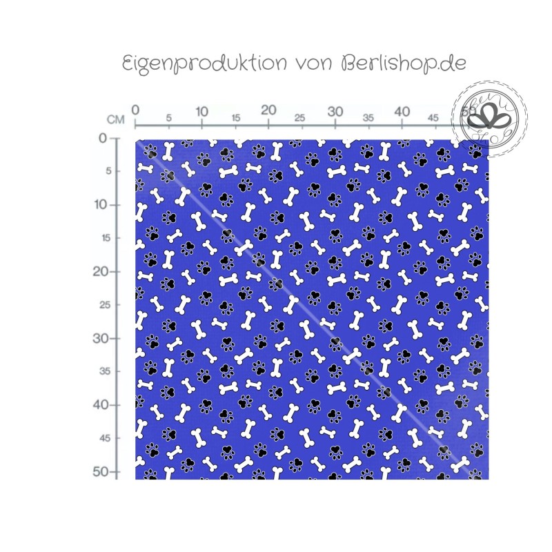 Baumwolle Satin Pfoten Knochen Stoff 160 cm – Blau Hundemotiv – 130 g/m² – Eigenproduktion