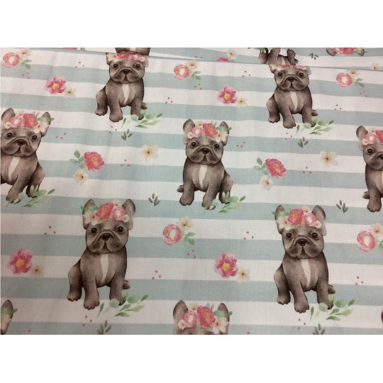 Baumwolle Satin Französische Bulldogge Stoff 160 cm – Streifen Blumen Hundemotiv – 130 g/m² – Eigenproduktion