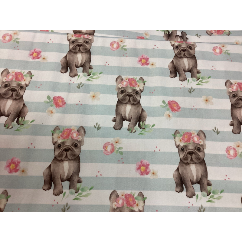 Baumwolle Satin Französische Bulldogge Stoff 160 cm – Streifen Blumen Hundemotiv – 130 g/m² – Eigenproduktion