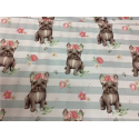 Baumwolle Satin Französische Bulldogge Stoff 160 cm – Streifen Blumen Hundemotiv – 130 g/m² – Eigenproduktion