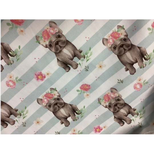 Baumwolle Satin Französische Bulldogge Stoff 160 cm – Streifen Blumen Hundemotiv – 130 g/m² – Eigenproduktion