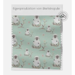 Baumwolle Satin Schaf Stoff 160 cm – Bauernhof Tiermotiv Mint – 130 g/m² – Eigenproduktion