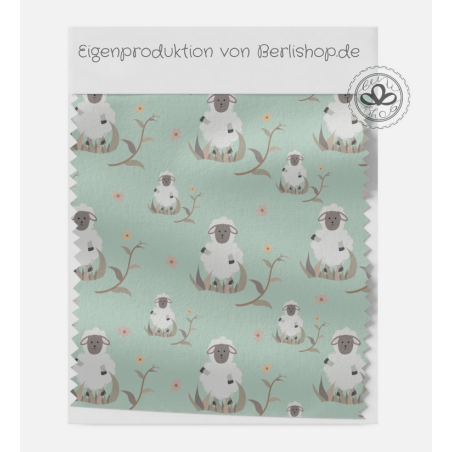 Baumwolle Satin Schaf Stoff 160 cm – Bauernhof Tiermotiv Mint – 130 g/m² – Eigenproduktion