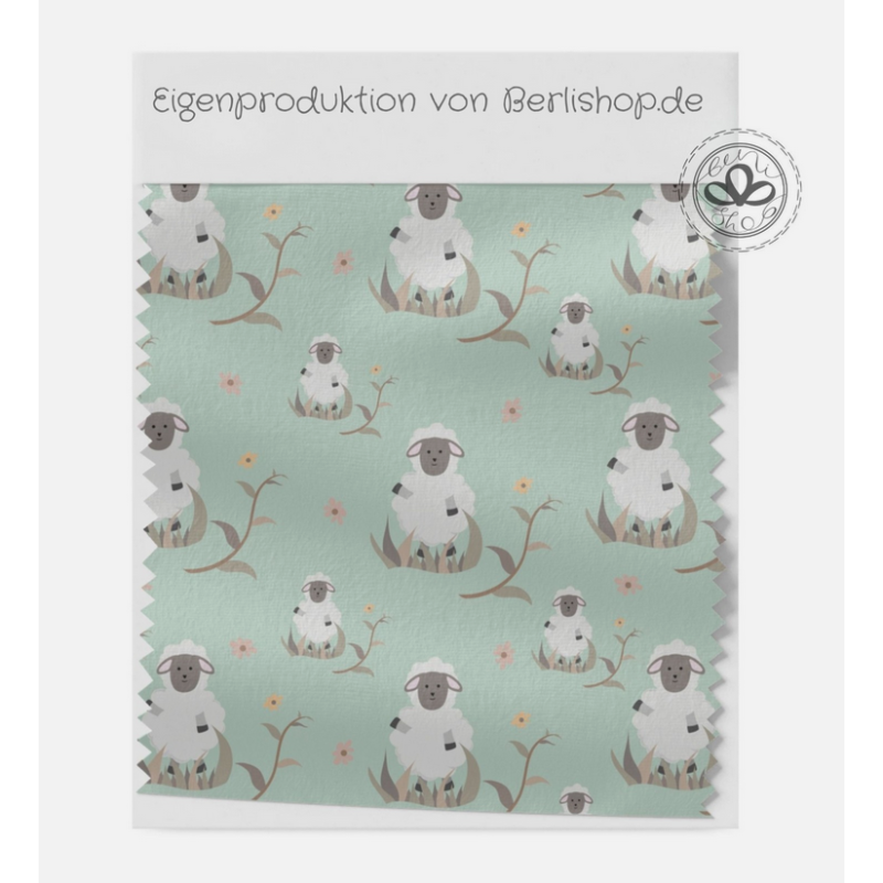 Baumwolle Satin Schaf Stoff 160 cm – Bauernhof Tiermotiv Mint – 130 g/m² – Eigenproduktion
