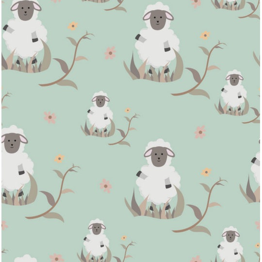 Baumwolle Satin Schaf Stoff 160 cm – Bauernhof Tiermotiv Mint – 130 g/m² – Eigenproduktion