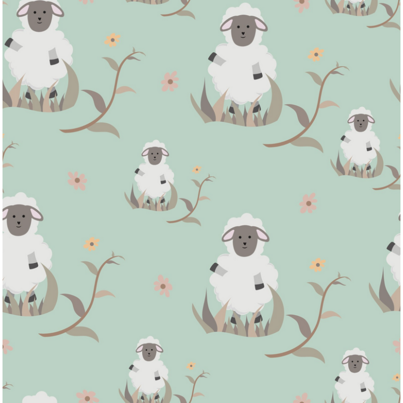 Baumwolle Satin Schaf Stoff 160 cm – Bauernhof Tiermotiv Mint – 130 g/m² – Eigenproduktion