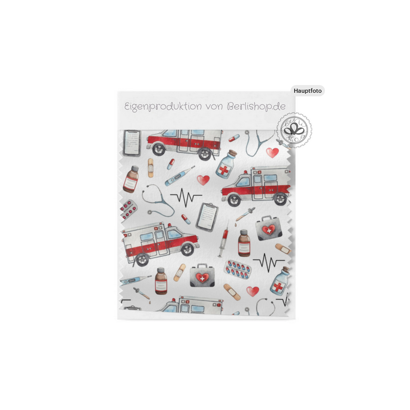 Oxford Stoff Rettungswagen 150 cm – Medizin Muster Weiß – 210 g/m² – Eigenproduktion